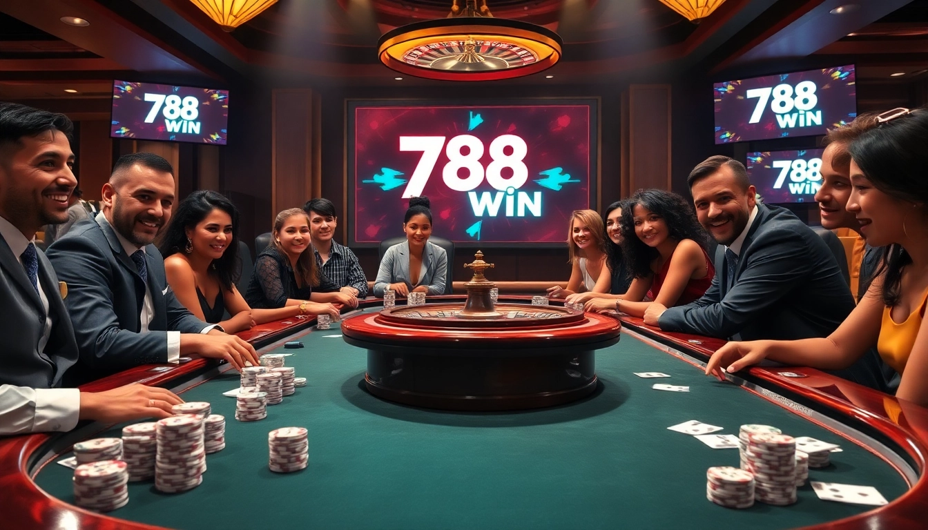 78 Win highlights a luxurious poker experience with players, poker chips, and vibrant casino atmosphere.