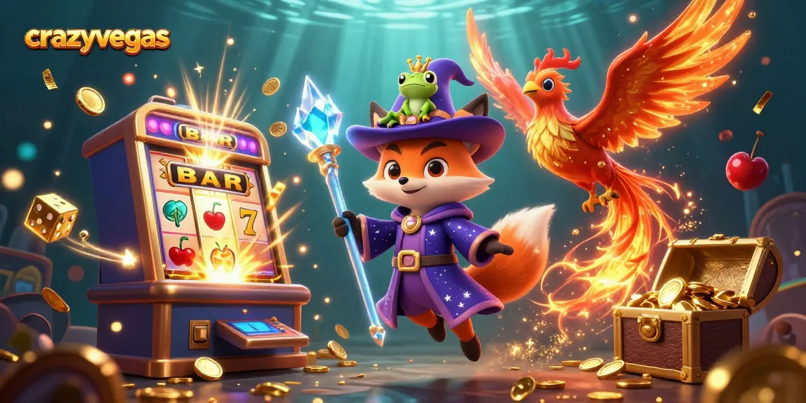 Experience the excitement of crazyvegas with a magical scene of a wizard fox and phoenix spinning jackpot slot machines.