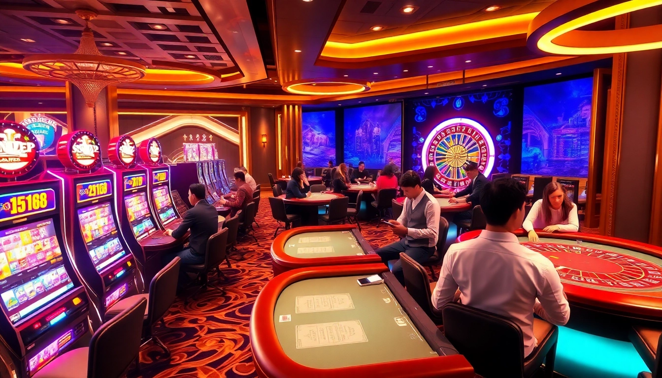 F168 casino players enjoying engaging games at prestigious tables with lively slot machines.