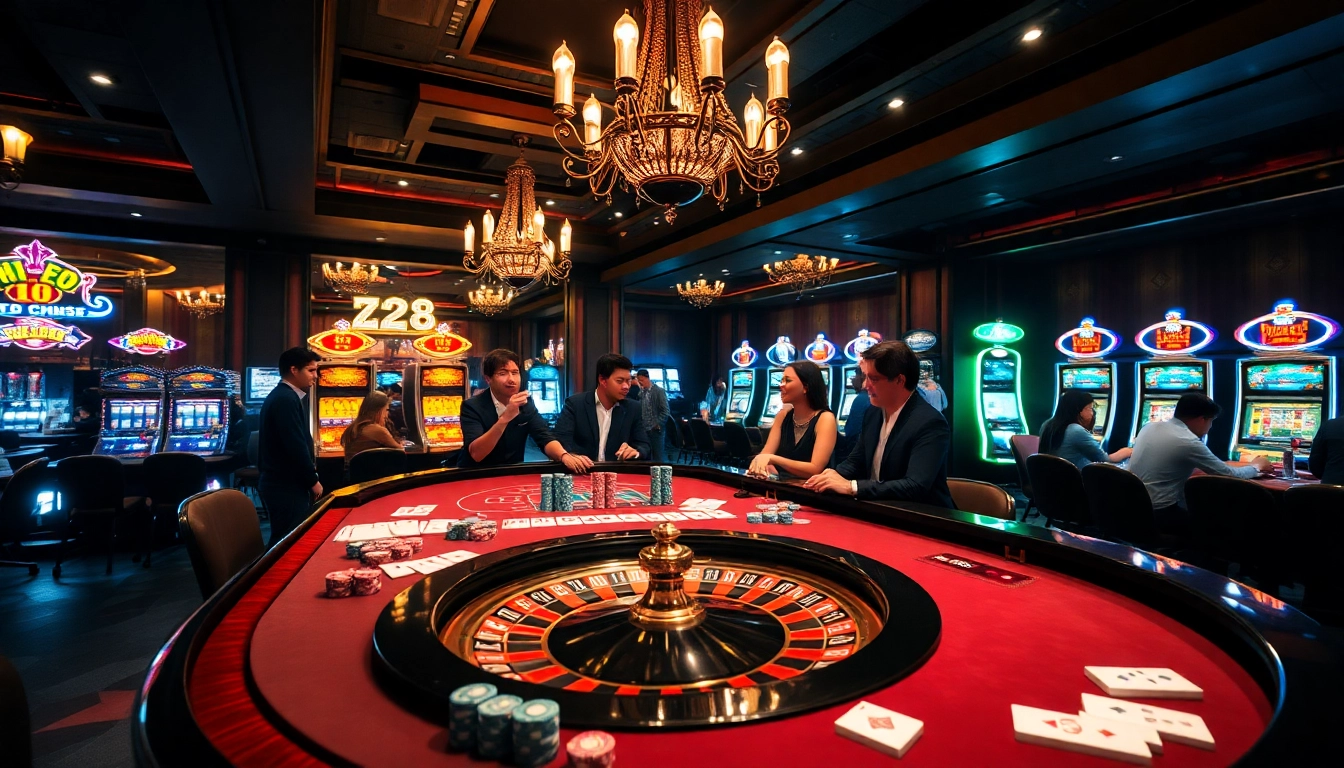 Exciting scene of nhà cái HZ88 with vibrant gaming tables and slot machines capturing the thrill of gambling.