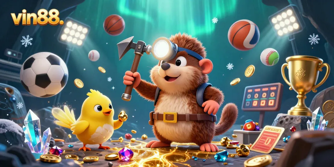 Experience the excitement of vin88. with a vibrant scene featuring a treasure hunter mole amidst dynamic sports elements and glowing treasures.