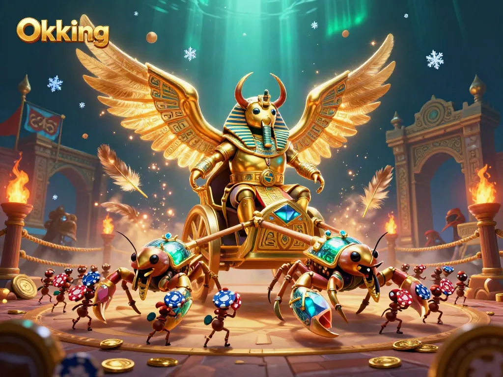 Experience thrilling gameplay at Okking with a vibrant 3D illustration of a golden scarab beetle and exciting casino elements.