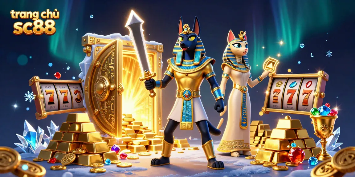 Experience the thrill of gaming at trang chủ sc88 with Anubis and Bastet surrounded by treasures.