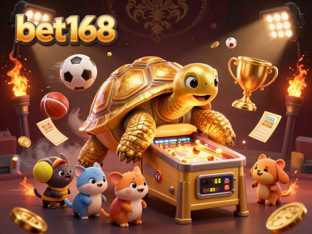 Bet168 offers thrilling sports betting action with a golden tortoise pinball machine attracting eager players.