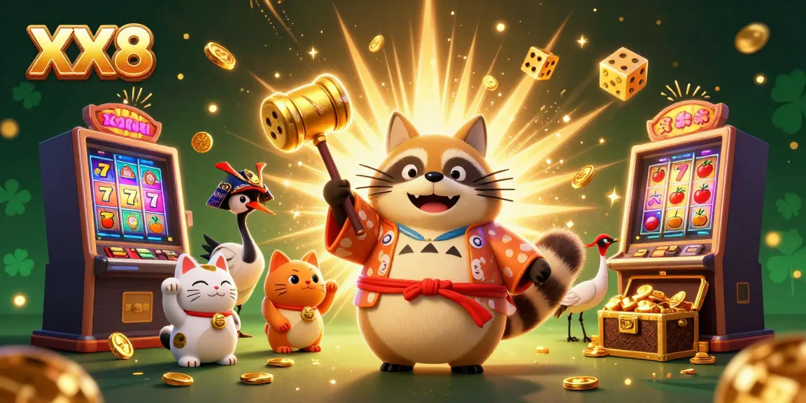 Experience exhilarating jackpots at XX8 with a vibrant 3D illustration of festive characters and games.