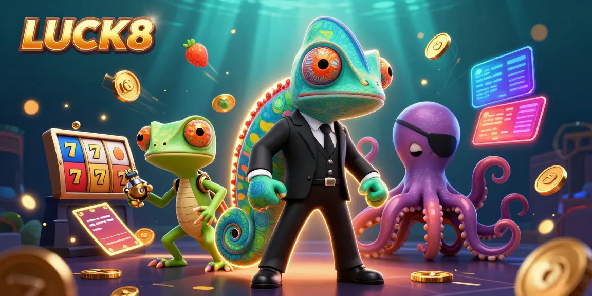 Engage in thrilling slots action with LUCK8, featuring a secret agent chameleon and rich casino elements.