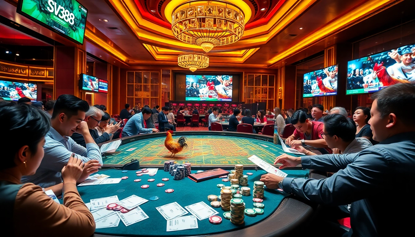 SV388 cockfighting betting scene with gamblers engaging and watching live matches, evoking excitement and luxury.