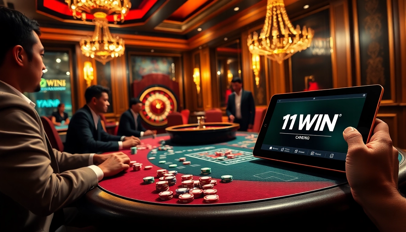 Engaging players at the poker table in a casino scene featuring the 11WIN logo, showcasing excitement and strategy.