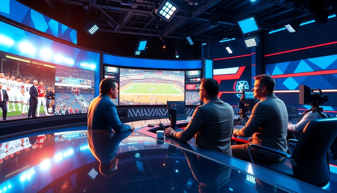 Engaging scene of sports broadcasting with hosts discussing exciting highlights and modern equipment.