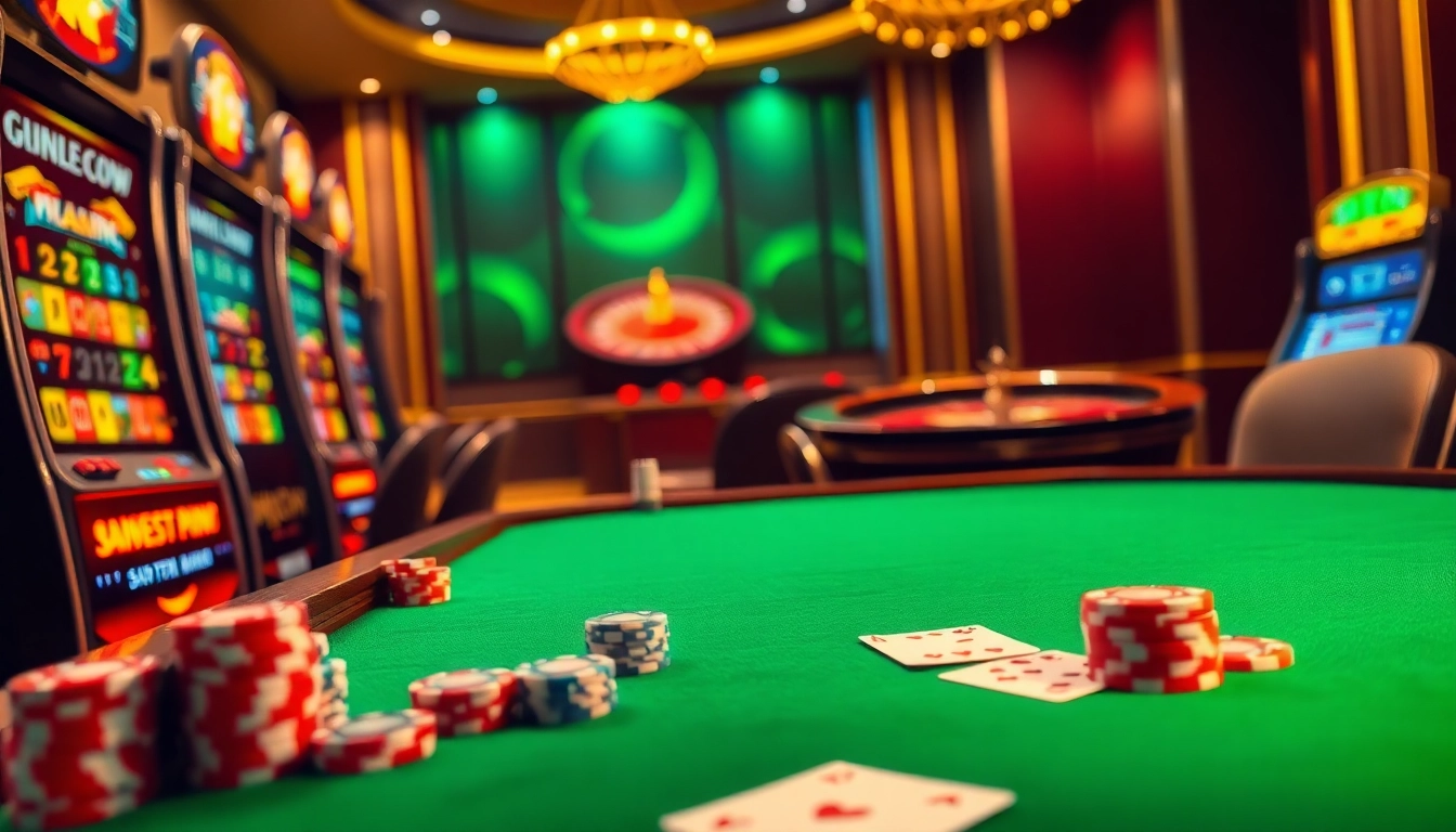 Experience the thrill of RR88 at a luxurious online casino featuring vibrant gaming tables and exciting slot machines.