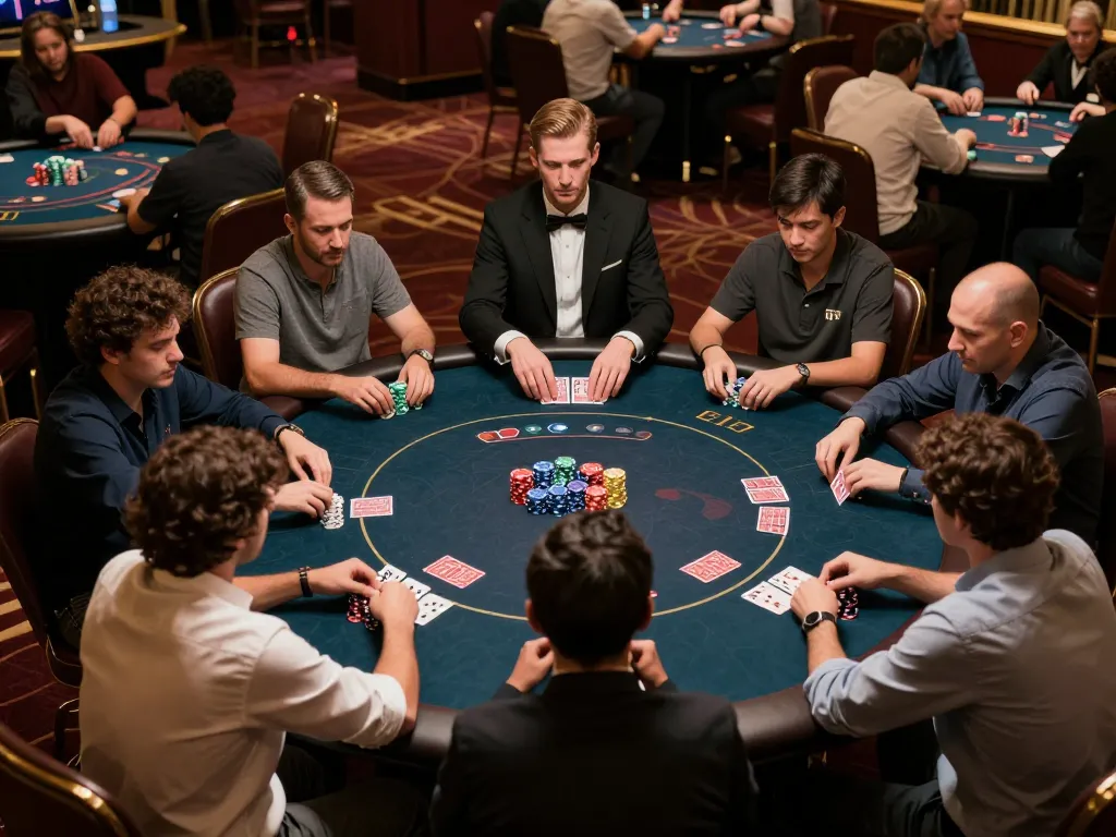 Players strategizing at a live poker table with vibrant chips at Jun88 com casino.