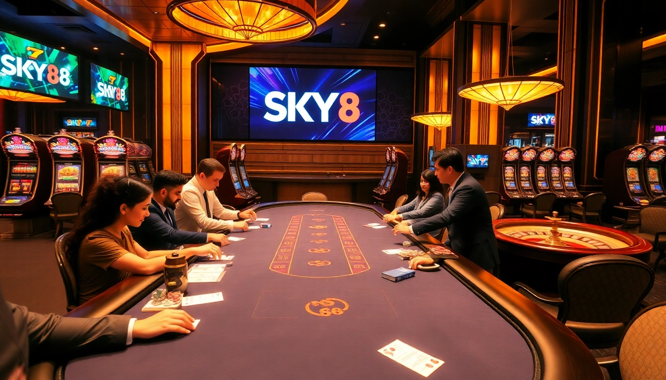 Players enjoying a thrilling game of poker at SKY88 casino, surrounded by vibrant gambling visuals.