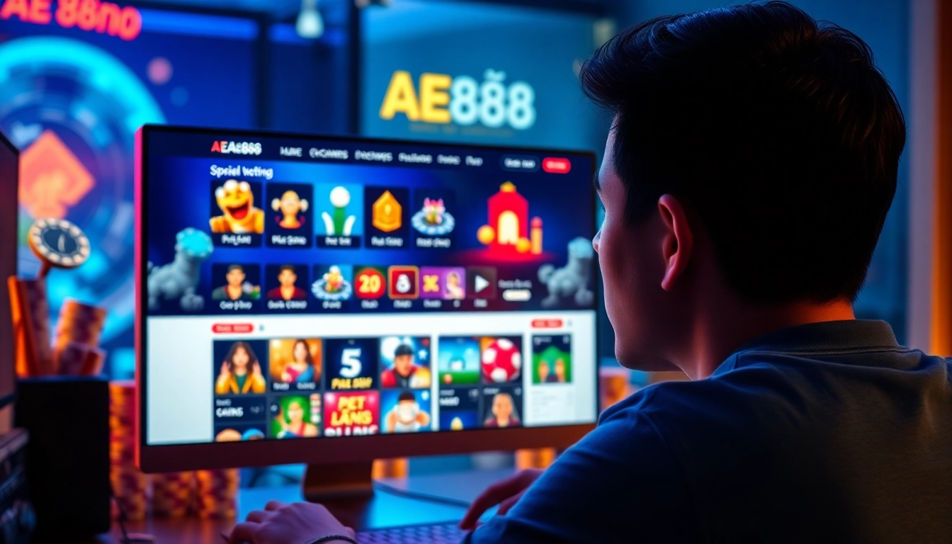 Dynamic online interface of Nhà cái AE888, showcasing exciting gaming options in a vibrant casino setting.