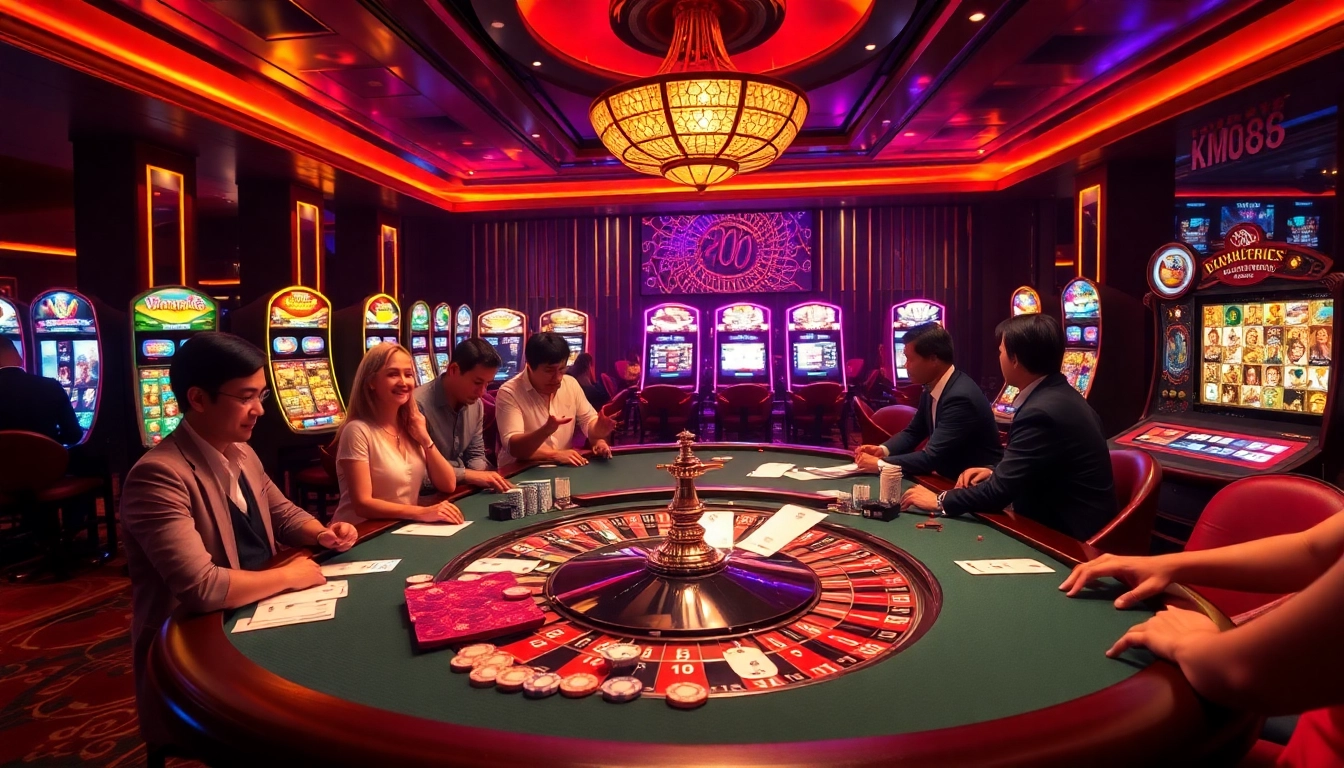 KM88 gaming excitement with players at a poker table and vibrant slot machines in a luxurious casino.
