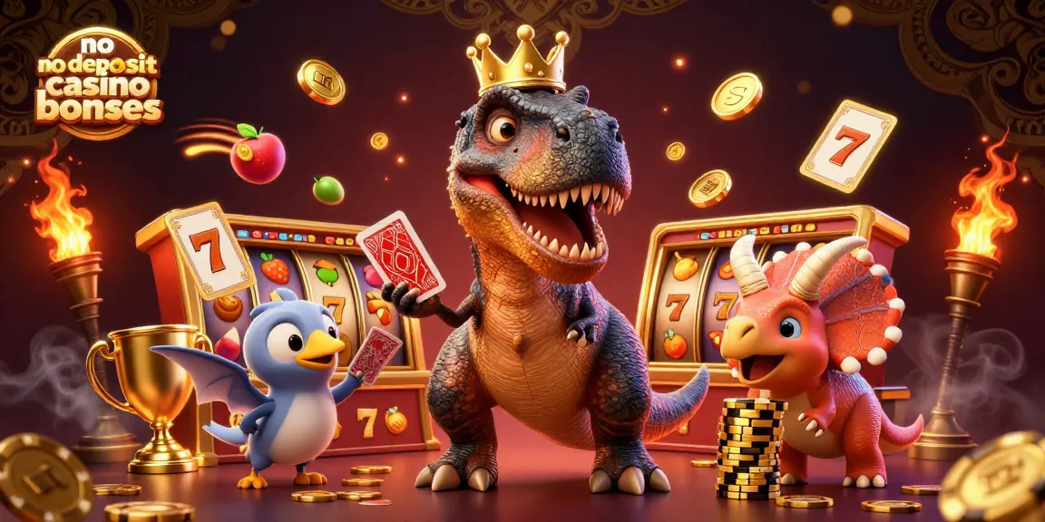 No deposit casino bonuses illustrated with playful dinosaurs in a vibrant casino scene.