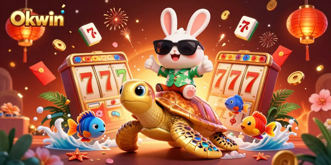 Spin the reels with Okwin's vibrant casino scene, featuring a lucky rabbit and sea turtle.