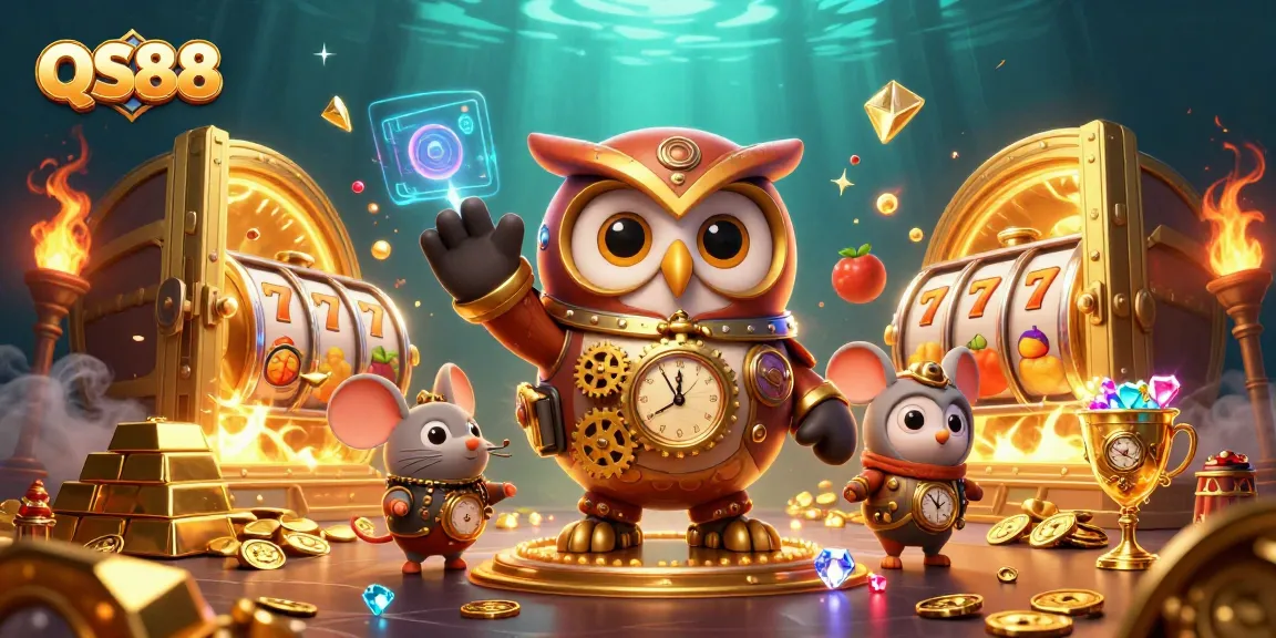 Engage in thrilling gameplay scenarios at QS88 with animated time-traveling characters in a vibrant casino.