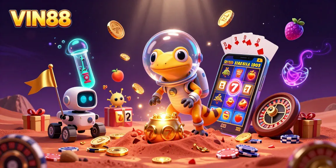Play thrilling slots adventures with VIN88's golden casino on Mars, featuring lively characters.
