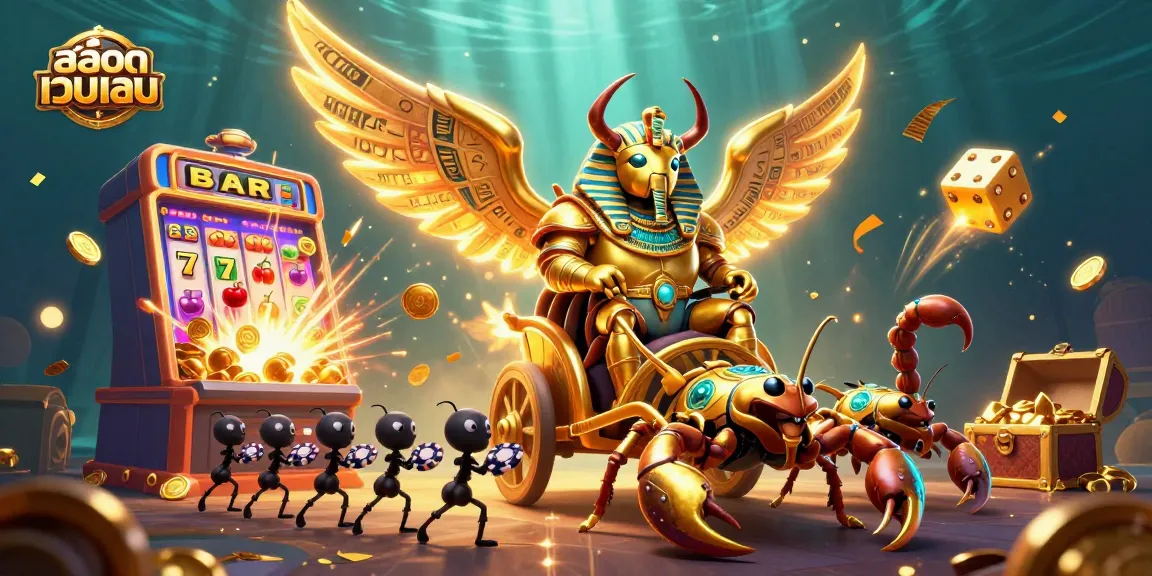 Engage in สล็อตเว็บตรง excitement with a golden scarab beetle amidst a jackpot explosion