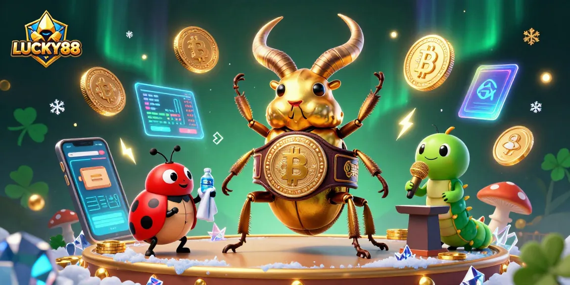 LUCKY88's thrilling world of online gaming showcases a golden stag beetle and vibrant game elements.