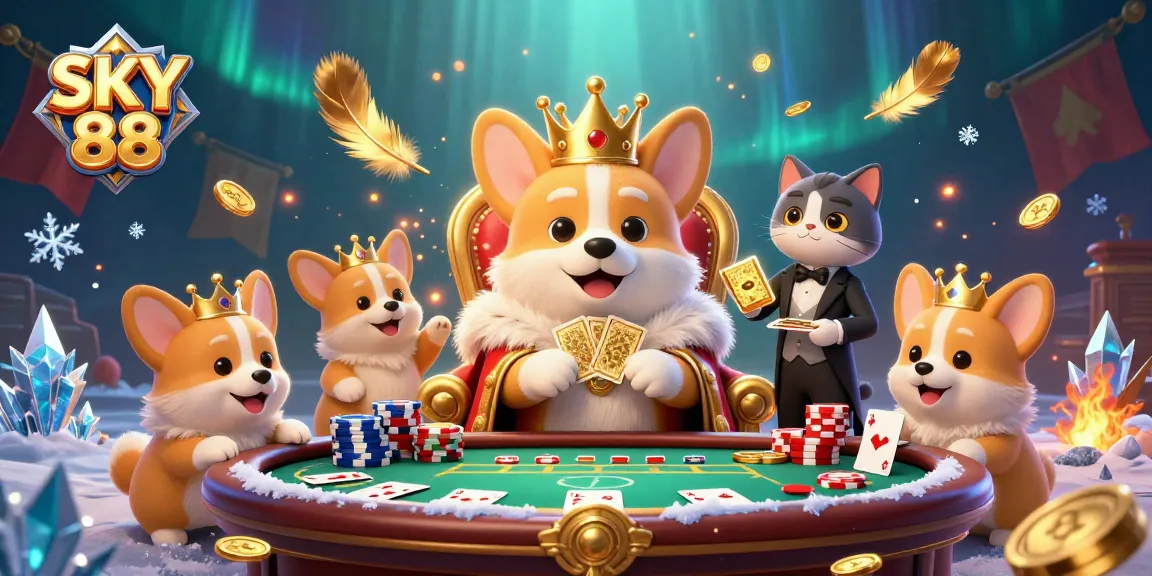 Experience the thrill of SKY 88 with a royal corgi on its poker throne, presenting golden cards.