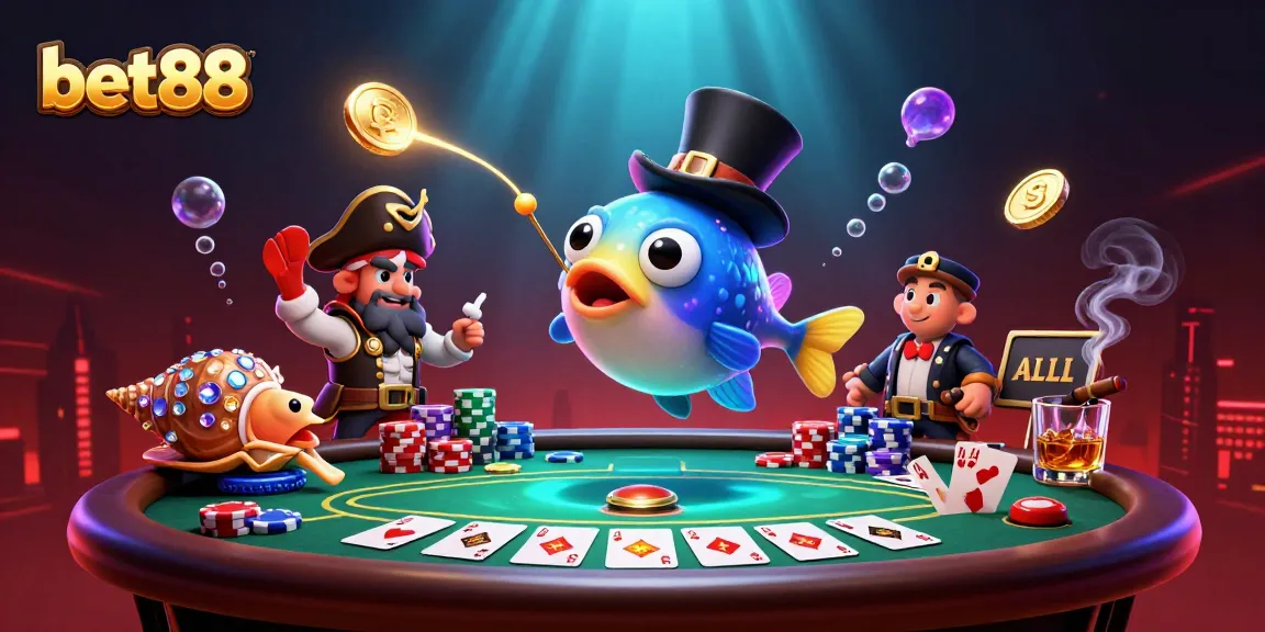 Experience the thrill with bet88 in a vibrant casino scene filled with glowing treasures and poker elements.